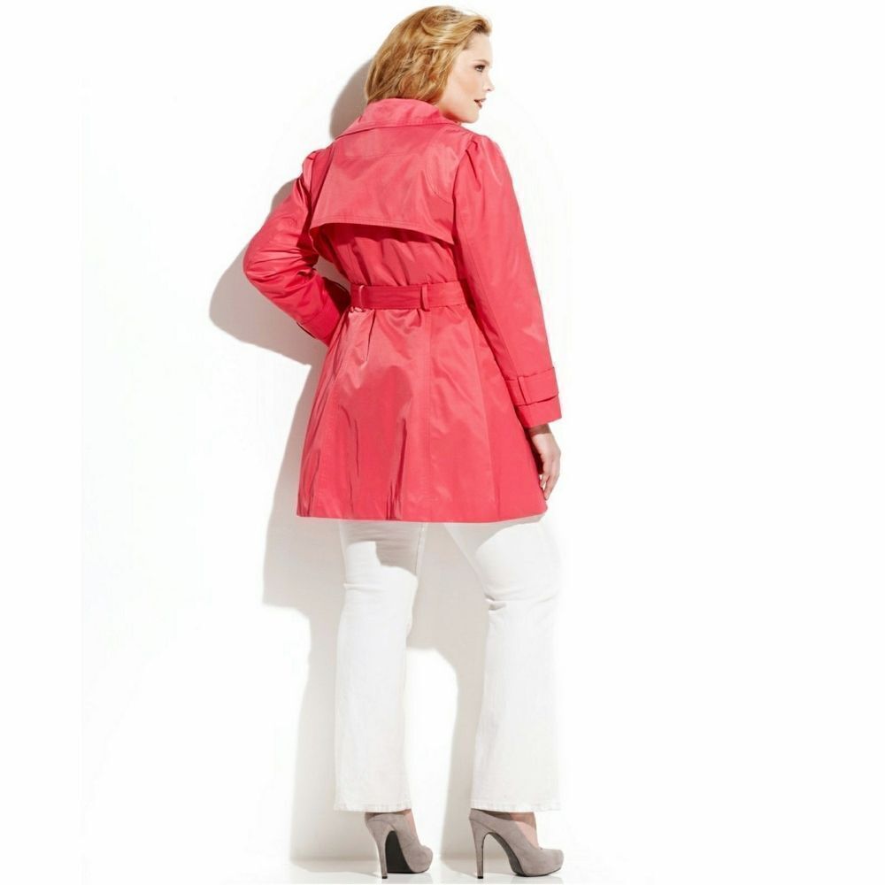 New! JESSICA SIMPSON Ruffle-Front Belted Trench Coat Plus Size Coral Color 1X - Picture 2 of 4